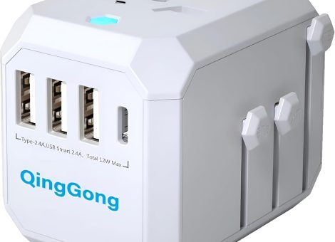 Universal Travel Adapter, International Travel Plug Adapter Worldwide with Type C QC 3.0 and USB Port, Power Converter from US to UK, Europe, Italy, Australia and More (White)
